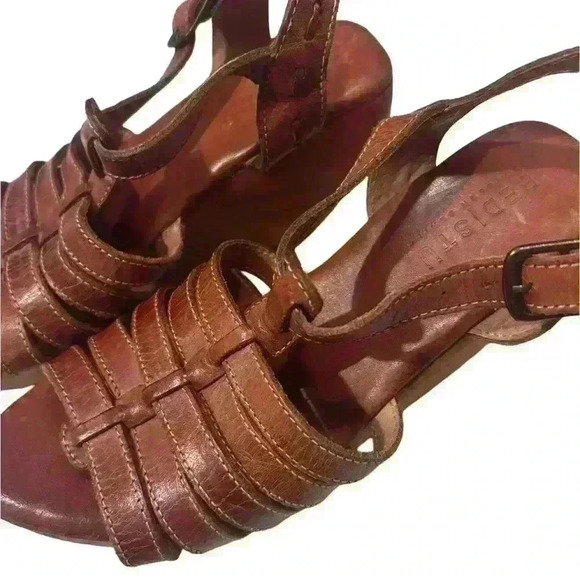 Bed Stu Woven Sling Back Brown Leather Wooden Wedge Sandals Women Sz 8 - Picture 7 of 7